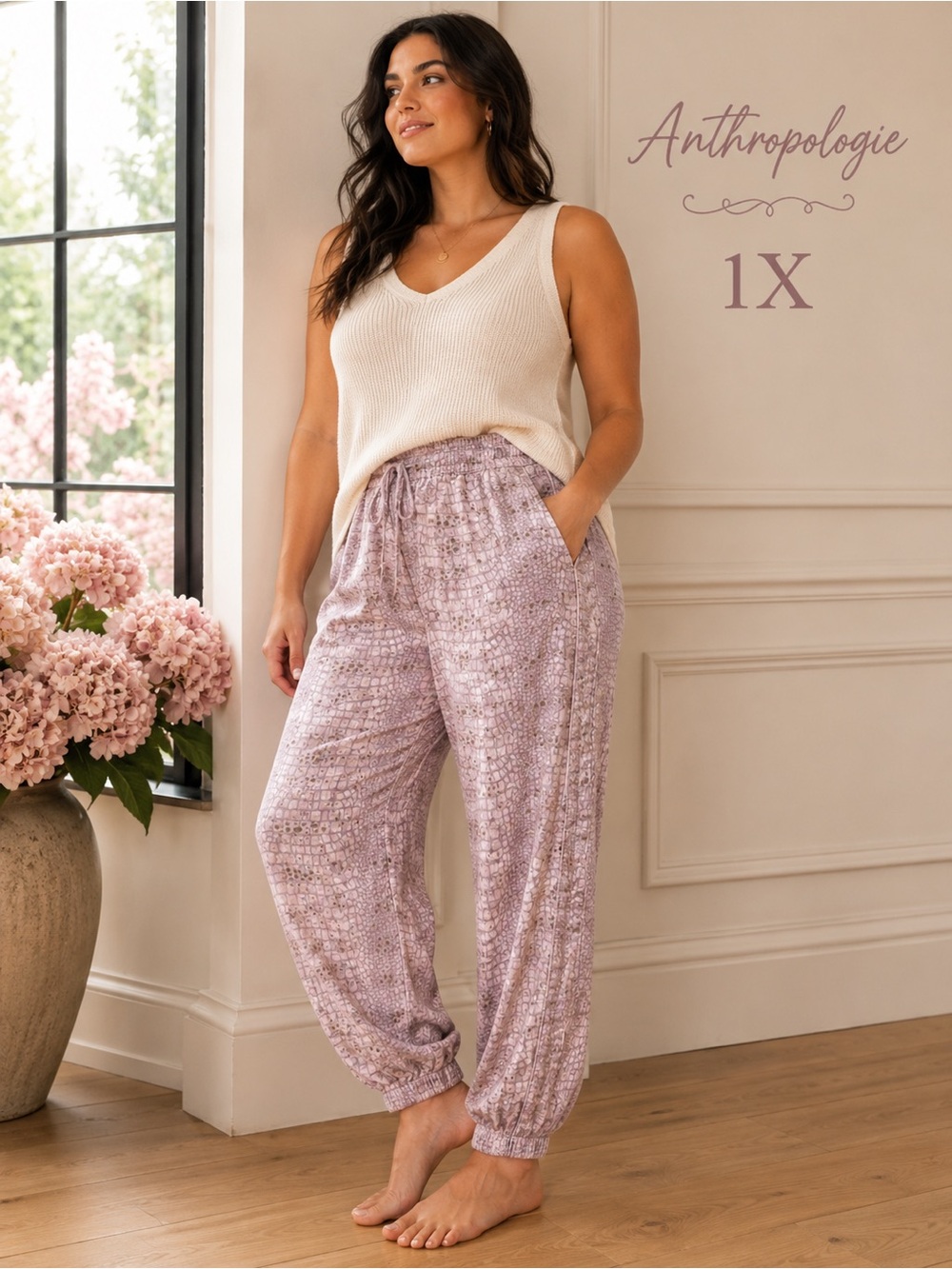 Anthropologie 1X Pink Croc Print Lyocell Jogger Pants Drawstring